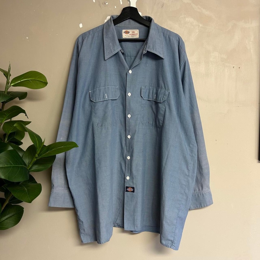 Vintage 90s Dickies Workwear Button Up Shirt Mens 2XL Blue Grunge Long Sleeve